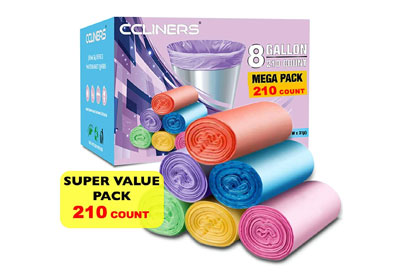 Image: CCLINERS Multi-Color 8 Gallon Medium Trash Bags for Home and Office-210 Bags (by CCLINERS)