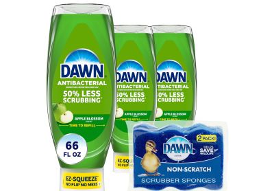 Image: Dawn Ultra Antibacterial EZ-Squeeze Apple Blossom Scent Dishwashing Liquid + Sponge Kit (650mL x 3 Pack + 1 Count)