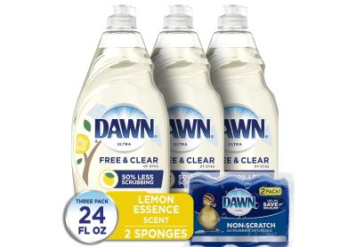 Image: Dawn Ultra Free & Clear Lemon Essence Scent Dishwashing Liquid + Sponges Kit (709mL x 3 Pack + 2 Count)