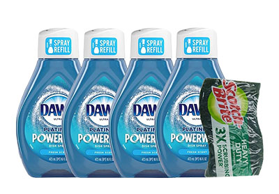 Image: Dawn Ultra Platinum Fresh Scent Powerwash Dish Spray Refill + Sponge Kit (473mL x 4 Pack + 1 Count)