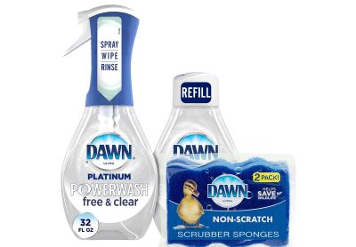 Image: Dawn Ultra Platinum Fresh Scent Powerwash Free & Clear Dish Spray + Refill + Sponges Kit (473mL x 2 Pack + 2 Count)