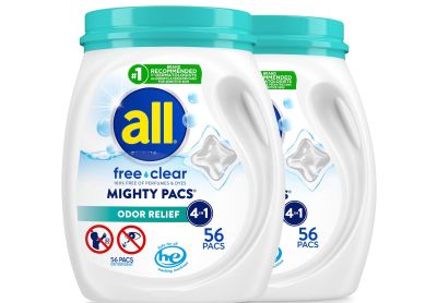 Image: All Mighty Pacs Free Clear 4-in-1 Scent Free Odor Relief Laundry Detergent Pacs (56 x 2 Pack)