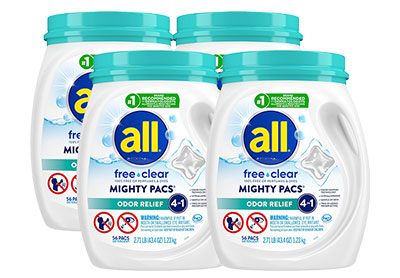 Image: All Mighty Pacs Free Clear 4-in-1 Scent Free Odor Relief Laundry Detergent Pacs (56 x 4 Pack)