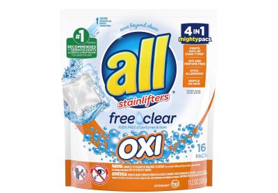 Image: All Mighty Pacs Free Clear 4-in-1 Scent Free Oxi Laundry Detergent Pacs (16 Count)