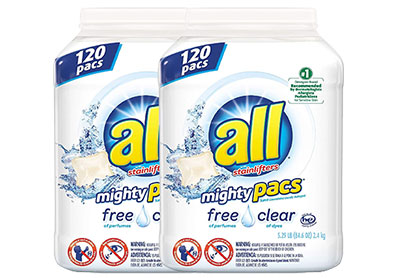 Image: All Mighty Pacs Free Clear Scent Free Laundry Detergent Pacs (120 x 2 Pack)