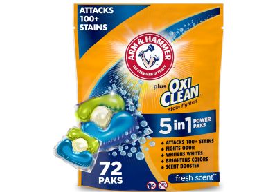 Image: Arm & Hammer Plus OxiClean 5-in-1 Fresh Scent Laundry Detergent Power Paks (72 Count)