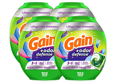 Image: Gain Flings 3-in-1 Super Fresh Blast Scent Laundry Detergent with Odor Defense Pacs (102 x 4 Pack)