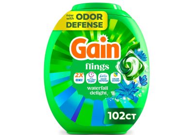 Image: Gain Flings 4-in-1 Waterfall Delight Scent Laundry Detergent Pacs (102 Count)