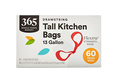 Image: 365 Flextra Strength 13 Gallon Fresh Scent Drawstring Tall Kitchen White Trash Bags (60 Count)