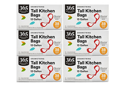 Image: 365 Flextra Strength 13 Gallon Scent Free Drawstring Tall Kitchen White Trash Bags (38 x 6 Pack)