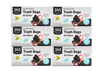 Image: 365 Flextra Strength 30 Gallon Scent Free Drawstring Black Trash Bags (25 x 6 Pack)