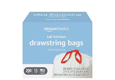 Image: Amazon Basics 13 Gallon Clean Free Scent Drawstring Tall Kitchen White Trash Bags (200 Count)