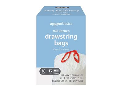 Image: Amazon Basics 13 Gallon Clean Free Scent Drawstring Tall Kitchen White Trash Bags (80 Count)