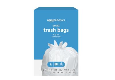 Image: Amazon Basics 4 Gallon Fresh Scent Flap-Tie White Trash Bags (80 Count)