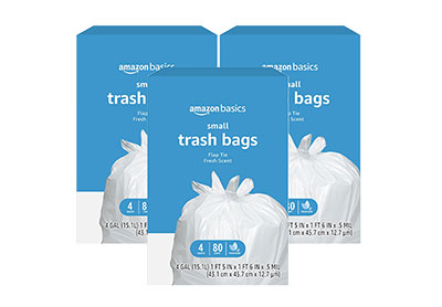 Image: Amazon Basics 4 Gallon Fresh Scent Flap-Tie White Trash Bags (80 x 3 Pack)