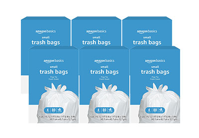 Image: Amazon Basics 4 Gallon Fresh Scent Flap-Tie White Trash Bags (80 x 6 Pack)