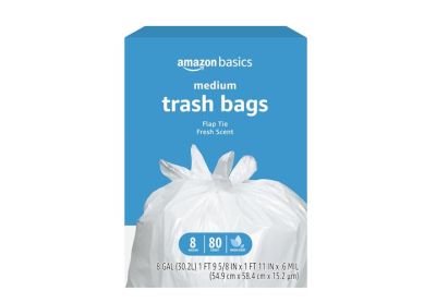 Image: Amazon Basics 8 Gallon Fresh Scent Flap-Tie White Trash Bags (80 Count)