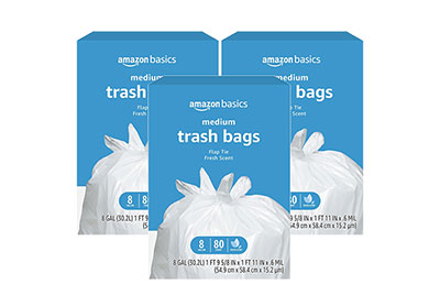 Image: Amazon Basics 8 Gallon Fresh Scent Flap-Tie White Trash Bags (80 x 3 Pack)