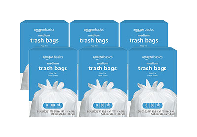 Image: Amazon Basics 8 Gallon Fresh Scent Flap-Tie White Trash Bags (80 x 6 Pack)