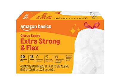 Image: Amazon Basics Extra Strong & Flex 13 Gallon Citrus Scent Drawstring Tall Kitchen White Trash Bags (40 Count)