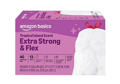 Image: Amazon Basics Extra Strong & Flex 13 Gallon Tropical Island Scent Drawstring Tall Kitchen White Trash Bags (40 Count)