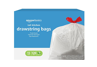 Image: Amazon Basics Flextra Strength 13 Gallon Fresh Scent Drawstring Tall Kitchen White Trash Bags (120 Count)