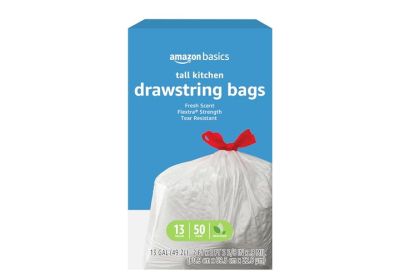 Image: Amazon Basics Flextra Strength 13 Gallon Fresh Scent Drawstring Tall Kitchen White Trash Bags (50 Count)