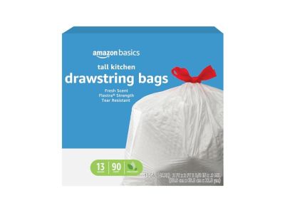 Image: Amazon Basics Flextra Strength 13 Gallon Fresh Scent Drawstring Tall Kitchen White Trash Bags (90 Count)