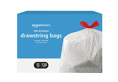 Image: Amazon Basics Flextra Strength 13 Gallon Scent Free Drawstring Tall Kitchen White Trash Bags (120 Count)