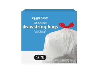 Image: Amazon Basics Flextra Strength 13 Gallon Scent Free Drawstring Tall Kitchen White Trash Bags (90 Count)
