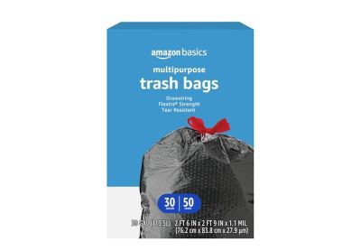 Image: Amazon Basics Flextra Strength Multipurpose 30 Gallon Scent Free Drawstring Tear Resistant Black Trash Bags (50 Count)