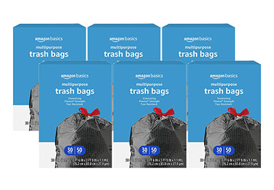 Image: Amazon Basics Flextra Strength Multipurpose 30 Gallon Scent Free Drawstring Tear Resistant Black Trash Bags (50 x 6 Pack)