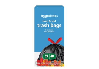 Image: Amazon Basics Lawn & Leaf 39 Gallon Scent Free Drawstring Tear Resistant Black Trash Bags (40 Count)