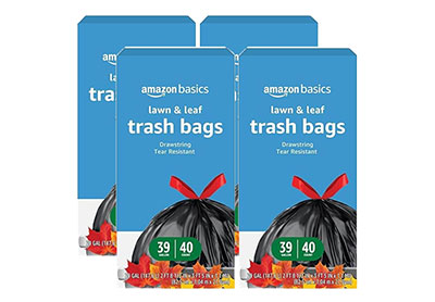 Image: Amazon Basics Lawn & Leaf 39 Gallon Scent Free Drawstring Tear Resistant Black Trash Bags (40 x 4 Pack)