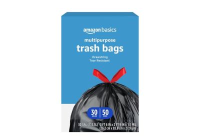 Image: Amazon Basics Multipurpose 30 Gallon Scent Free Drawstring Tear Resistant Black Trash Bags (50 Count)