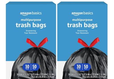 Image: Amazon Basics Multipurpose 30 Gallon Scent Free Drawstring Tear Resistant Black Trash Bags (50 x 2 Pack)