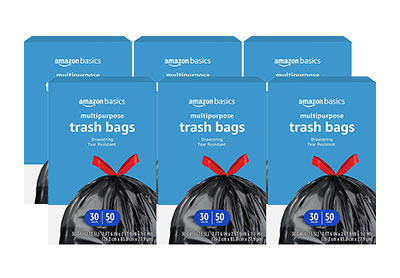 Image: Amazon Basics Multipurpose 30 Gallon Scent Free Drawstring Tear Resistant Black Trash Bags (50 x 6 Pack)