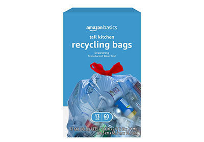 Image: Amazon Basics Recycling 13 Gallon Scent Free Drawstring Tall Kitchen Blue Trash Bags (60 Count)
