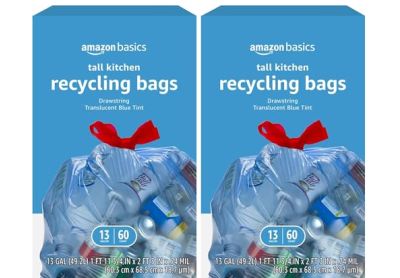 Image: Amazon Basics Recycling 13 Gallon Scent Free Drawstring Tall Kitchen Blue Trash Bags (60 x 2 Pack)