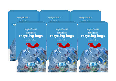 Image: Amazon Basics Recycling 13 Gallon Scent Free Drawstring Tall Kitchen Blue Trash Bags (60 x 6 Pack)