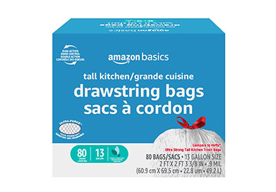 Image: Amazon Basics Ultra-Force 13 Gallon Classic Clean Scent Drawstring Tall Kitchen White Trash Bags (80 Count)