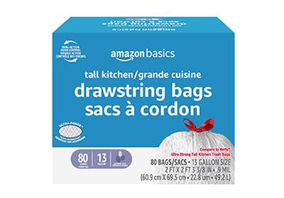 Image: Amazon Basics Ultra-Force 13 Gallon Lavender Scent Drawstring Tall Kitchen White Trash Bags (80 Count)