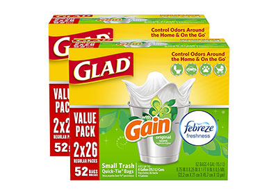 Image: Glad 4 Gallon Gain Original Scent Quick-Tie White Trash Bags (52 x 2 Pack)