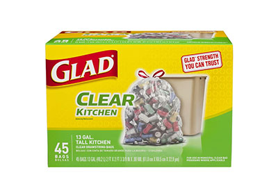 Image: Glad Clear Kitchen 13 Gallon Scent Free Tall Kitchen Drawstring Clear Trash Bags (45 Count)