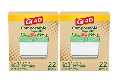 Image: Glad Compostable 2.6 Gallon Scent Free Flat-Top Green Trash Bags (22 x 2 Pack)