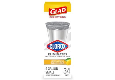 Image: Glad Drawstring 4 Gallon Lemon Fresh Bleach Scent Drawstring Gray Trash Bags (34 Count)