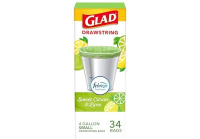 Image: Glad Drawstring 4 Gallon Sweet Citron & Lime Scent Drawstring Green Trash Bags (34 Count)