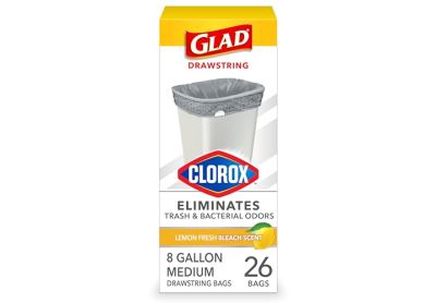 Image: Glad Drawstring 8 Gallon Lemon Fresh Bleach Scent Drawstring Gray Trash Bags (26 Count)
