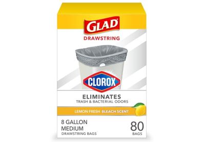 Image: Glad Drawstring 8 Gallon Lemon Fresh Bleach Scent Drawstring Gray Trash Bags (80 Count)