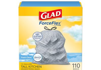 Image: Glad ForceFlex 13 Gallon Febreze Fresh Clean Scent Tall Kitchen Grips-The-Can Drawstring Gray Trash Bags (110 Count)